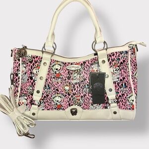 Ed Hardy Pink Leopard Skull Print Shoulder Bag with Cream Trim